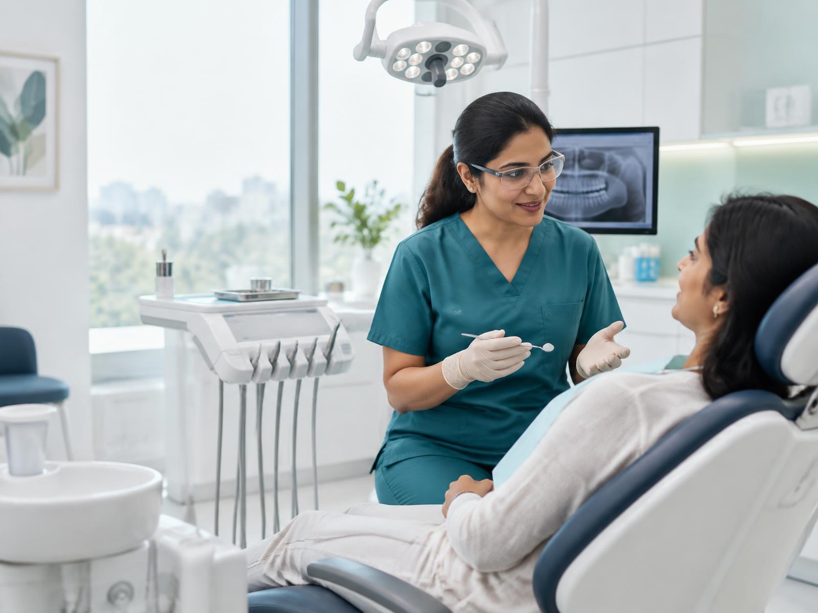 Dentist consulting a patient in a modern treatment room